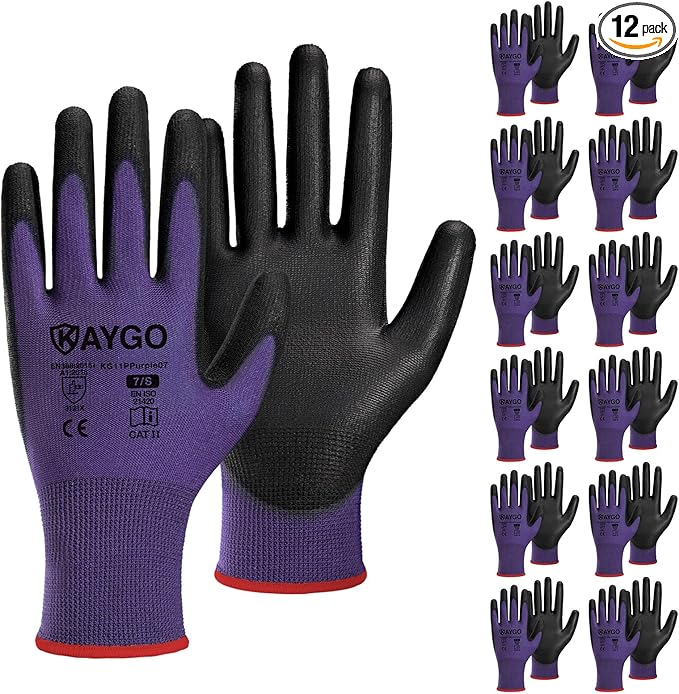 KAYGO Work Gloves for Men and Women,12 Pairs Seamless Knit PU Coated Safety Gloves, with Smooth Grip on Palm and Fingers, Ideal for Light Warehouse, Manufacturing, Gardening, KG11P (S, Purple)