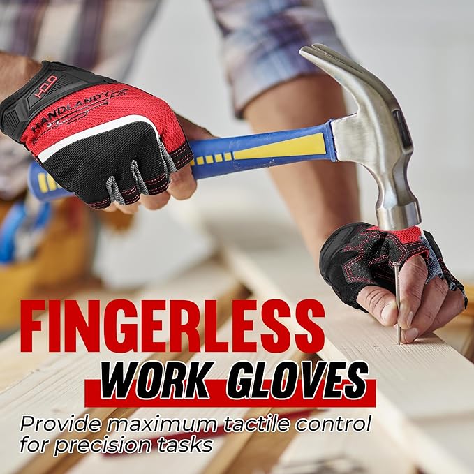 HANDLANDY Fingerless Work Gloves for Men and Women Utility Padded Half Finger Driving Working Gloves (XX-Large, Red)