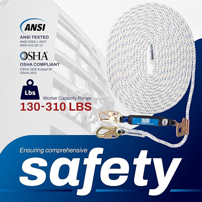 Palmer Safety Vertical Lifeline Assembly - 50FT Rope Harness Safety Lanyard with Rope Grab - Fall Protection Kit