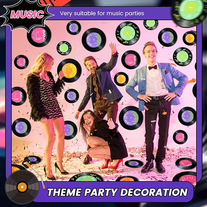48 Pcs Vinyl Records for Stickers 3 Sizes Records wall Decor 50's Party Decorations Set Cutouts Retro Decals for Music Birthday 70/80/90s Party Artist Vintage Supplies with Adhesive Dots