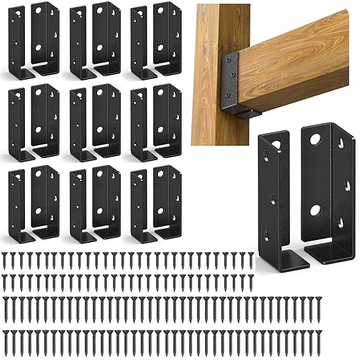 10PASK Metal Deck Railing Bracket Connector, Adjustable Fence Bracket for Vinyl Fence Panel to Post, for Deck, Railing Wood Post, Porch Handrail, Beam Hanger (Black)