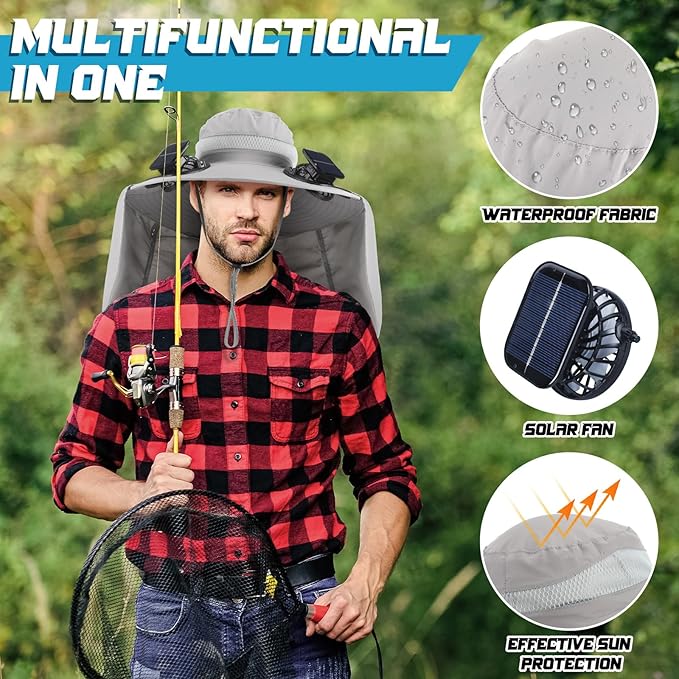 Chuarry Wide Brim Sun Hat with 2 Fan Outdoor Solar Powered USB Charging Fishing Hat with Neck Flap for Men Women