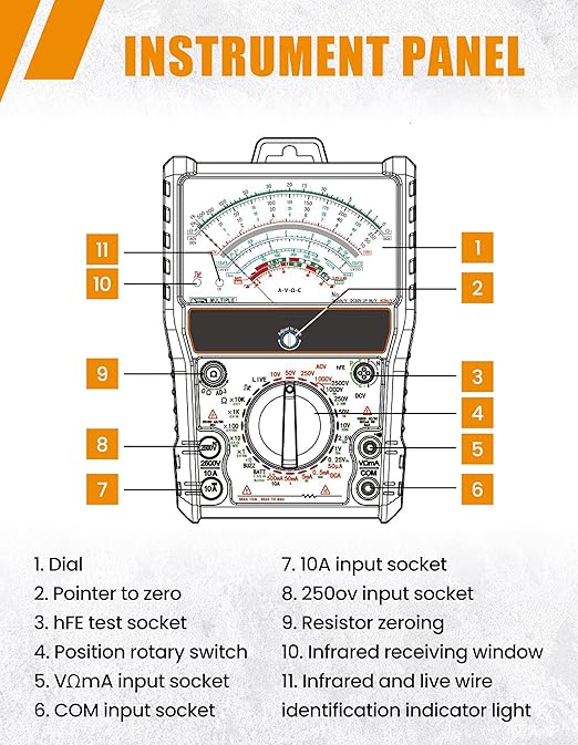 Analog Multimeter Tester Portable Multi Meter Multi Testers for Electrical Applications Pointer Multimeter Measures Voltage, Current, Resistance, Diode and hFE (Model AMT88L)