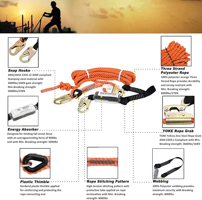 25FT Vertical Lifeline Assemble Three Strand Rope Fall Protection with Rope Grab Snap Hooks Shock Absorber Fall Protection Safety Equipment ANSI Compliant