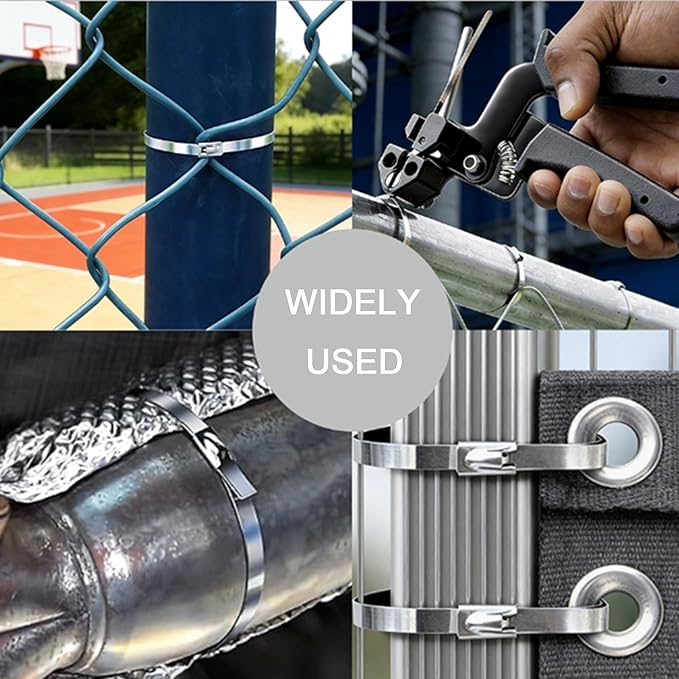 Metal Zip Tie Gun with 100 PCS 7.87in(200mm) Stainless Steel Zip Ties,Heavy Duty Zip Tie Tool for Fastening and Cutting Cable Ties,Chain Link Fence Parts for Fence Exhaust Pipe Outdoor