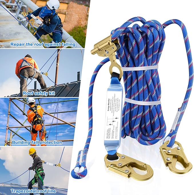 25FT Vertical Lifeline Assembly，Fall Protection Rope with Two Rope Grab Snap Hooks, Shock Absorber，Safety Climbing Equipment Roofing Safety Kit, CE ANSI