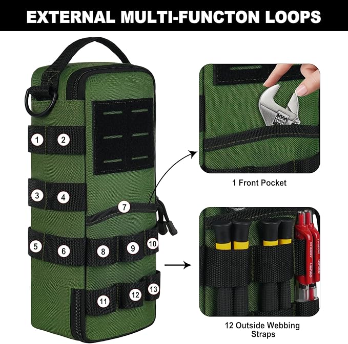 Heavy Duty Small Tool Bags for Men with Carabiner,Tactical Tool Pouch Bag,Portable Utility Tools Storage Organizer Case with Shoulder Strap for EDC,Motorcycle,Camping,Road Trip,Electricians,Green