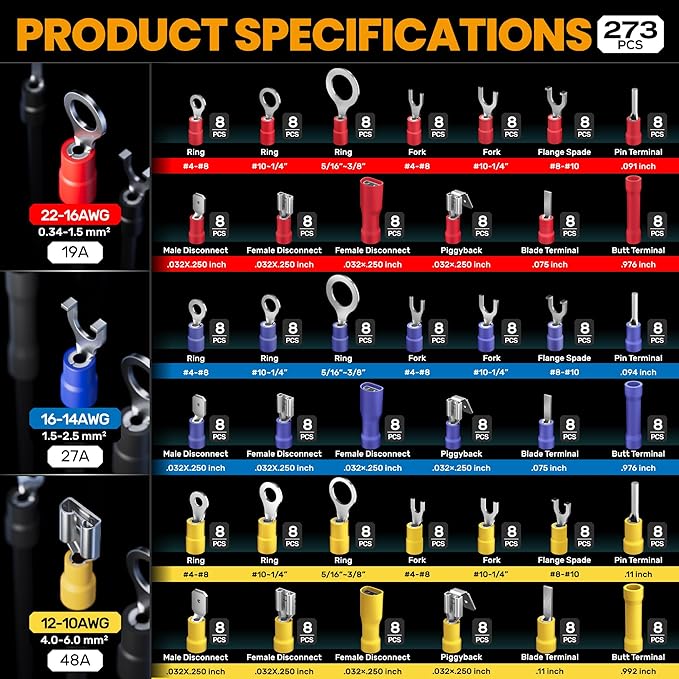 SOMELINE Wire Terminals Crimping Tool, with 45 Sizes Insulated Ratcheting Terminals Crimper Kit of AWG 22-10 Insulated Electrical Butt Bullet Spade Fork Ring Spade Splice Crimp Terminals