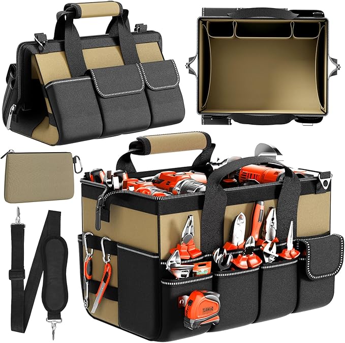 Goovilla Tool Bag 15.5 Inch with 1 Pouch | 17-Pocket Portable Tool Box Organizer Storage with Adjustable Strap, Soft Handle and Durable Zipper | Heavy Duty Tool Bags for Men, Father’s Day (Khaki)
