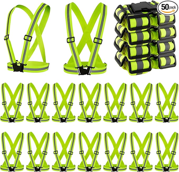 Hercicy 50 Pcs Reflective Vest High Visibility Safety Vests, Adjustable Running Gear Straps Lightweight Reflector for Construction (Yellow)