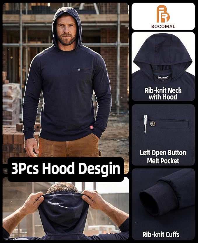 BOCOMAL FR Hooded T Shirts Chest Pocket Fire Resistant Summer Hoodie NFPA2112 CAT2 Flame Retardant FRC Welding Work Shirt