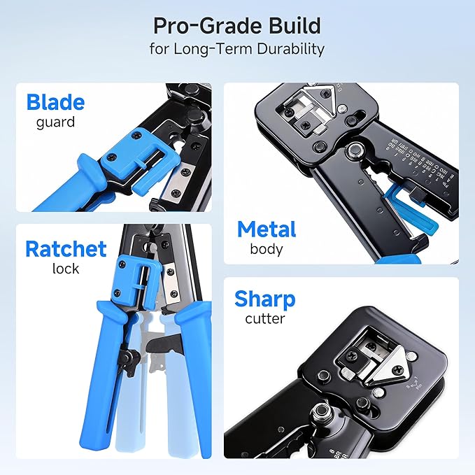 Cable Matters Modular RJ45 Crimp Tool for Pass-Through Connectors (Pass-Through Ethernet Crimper) with Built-in Wire Cutter and Stripper - 10-Pack Cat6 RJ45 Connectors Included