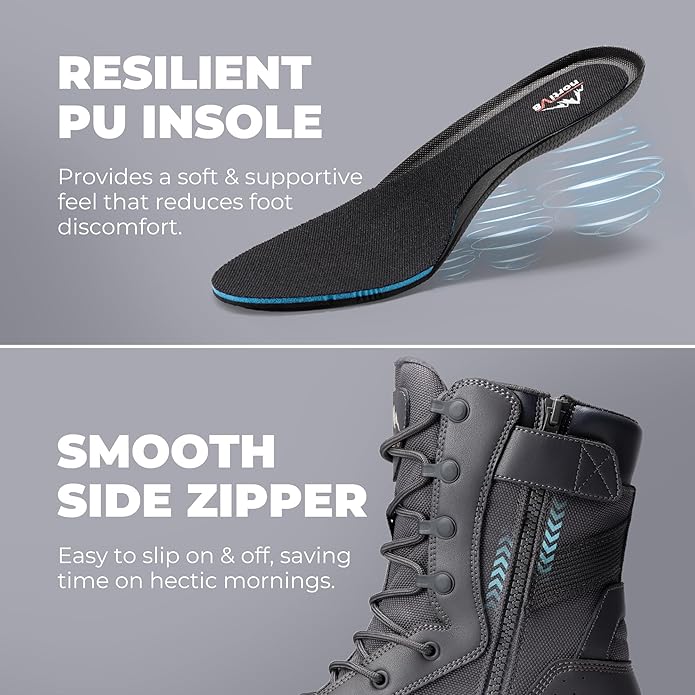 NORTIV 8 Men's 8" Composite Toe Work Boots, Lightweight Side Zipper ASTM F2412-24 & ASTM F2913-24 Safety Military Boots for All-Day Comfort, Peakforce-Nano