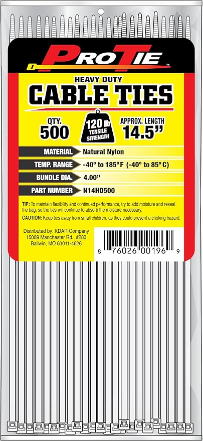 Pro Tie N14HD500 14.5-Inch Heavy Duty Standard Cable Tie, Natural Nylon, 500-Pack