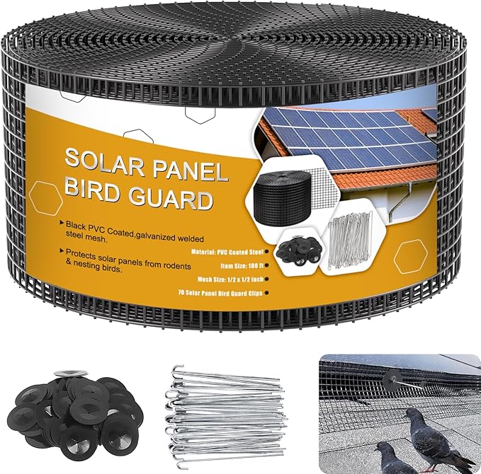 Solar Panel Bird Guard,8in x 100ft Critter Guard Galvanized PVC Coated Mesh Roll Kit,Black Pigeon Solar Panel Mesh with 70 Fastener Clips, ½ inch Wire Critter Guard for Solar Panels