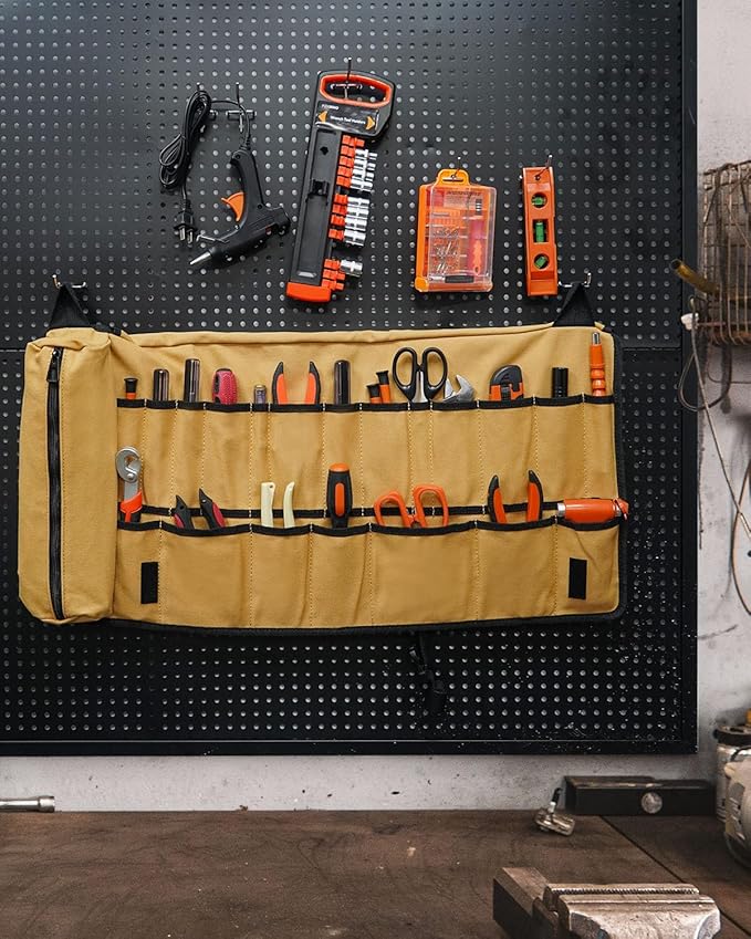 Tool Roll, Heavy Duty Tool Roll Bag Organizer, Roll Up Tool Pouch with 20 + 1 Pocket, Gifts for Men Father Dad Mechanic, Brown