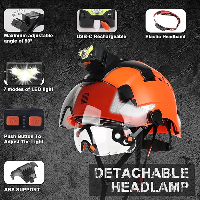 Safety Helmet Hard Hat with Detachable Headlamp Light and Visor Construction Hardhats for Men ANSI/ISEA Z89.1 Certified
