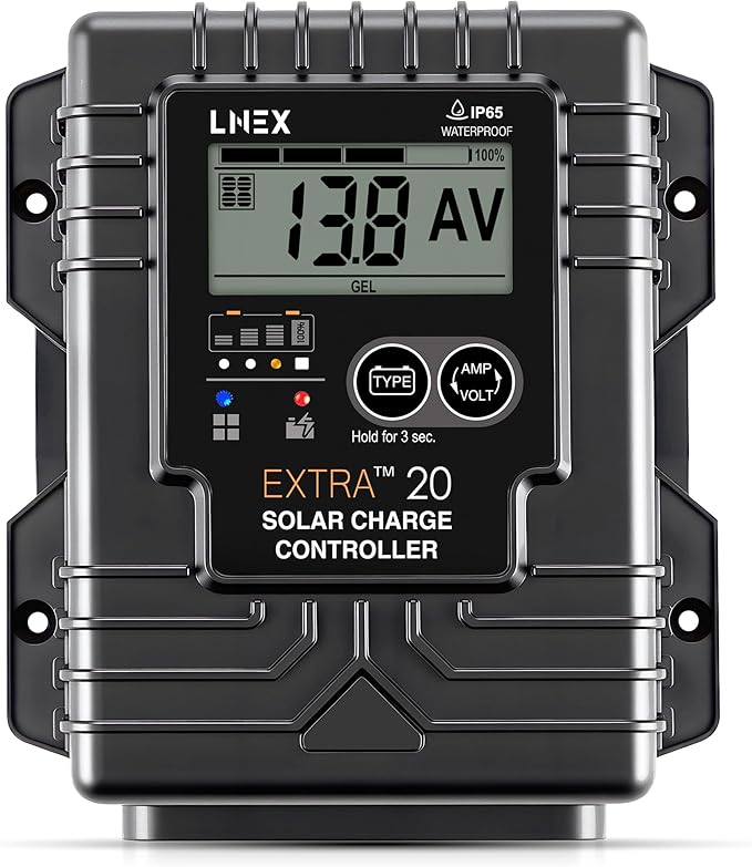 Solar Charge Controller Waterproof, 20A Solar Panel Regulator with Temp Sensor,Backlit LCD, 12V/24V PWM Solar Controller for LiFePO4,AGM, Gel, Flooded and Lithium Battery