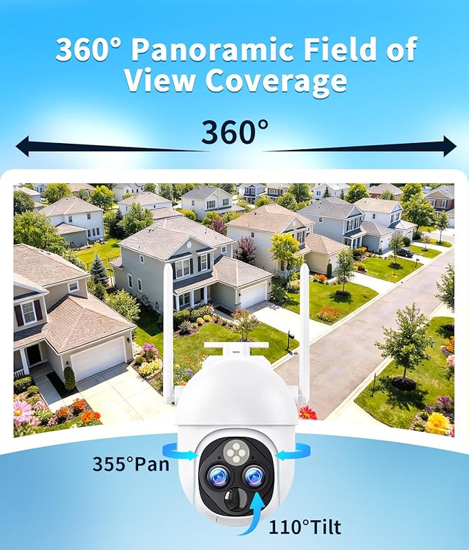 Dual-Lens Solar Security Cameras Wireless Outdoor, 10x Zoom to See Further 360 PTZ WiFi Camera for Home Security with Color Night Vision, AI Body Detection, 2-Way Audio, Spotlight Siren Alarm