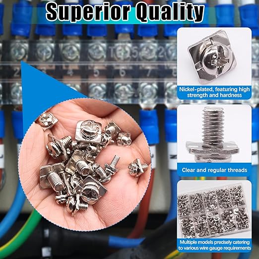 mxuteuk 215PCS Terminal Block Screws Kit,M3 M3.5 M4 M5 Terminal Screws,Nickel-Plated with Square Washers for Switch Plates,Electrical Panels and Terminal Blocks
