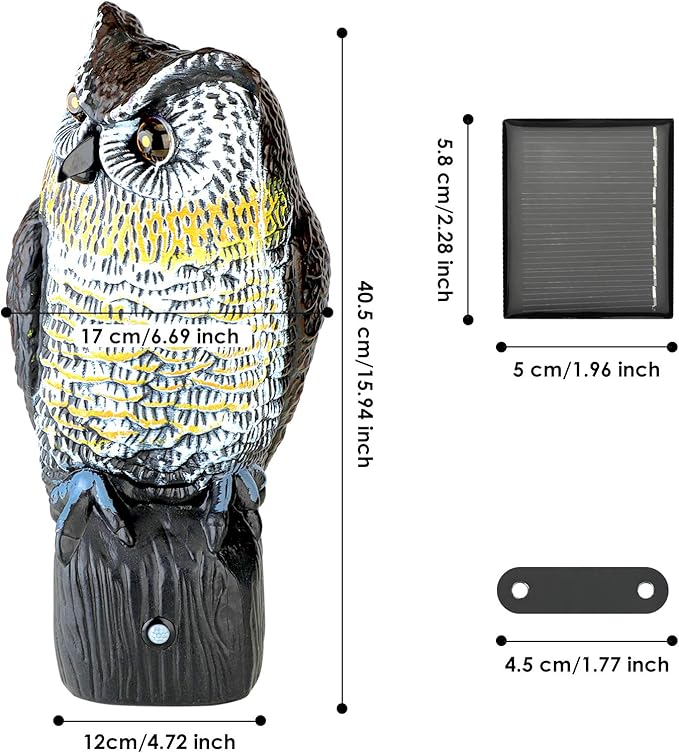Ruolan Brid Owl Keep Birds Away,Owl Decoy with Flashing Eyes&Frightening Sound for Garden Yard Outdoor