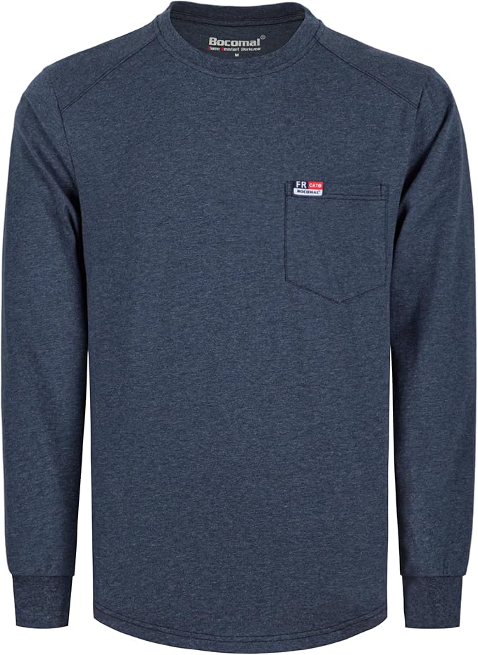 BOCOMAL Men's FR Shirts Long Sleeve Crewneck EX Soft Heather Series 6oz Midweight Flame Resistant Work T Shirt CAT2