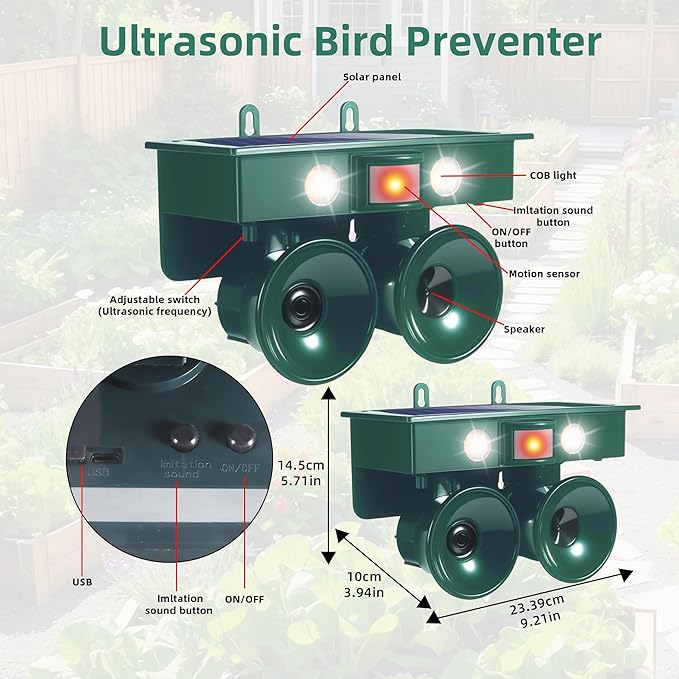 Ultrasonic Bird Repeller Solar Powered Bird Deterrents Bird Repellent Devices Outdoor with IP65 Waterproof Pigeon Woodpecker Goose Deterrent for House Pigeon Repellent for Balconies Patio Garden Farm