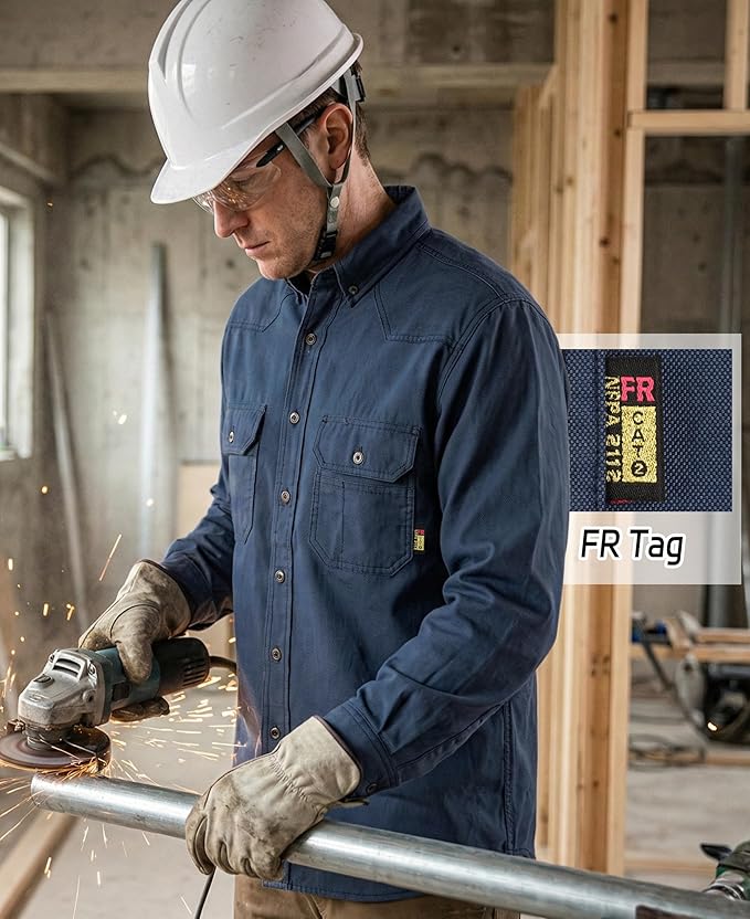 BOCOMAL FR Shirts Button Down Dura-Light 6.5 oz Soft Heather Series Utility Chest Pockets Flame Resistant Work Shirt CAT2
