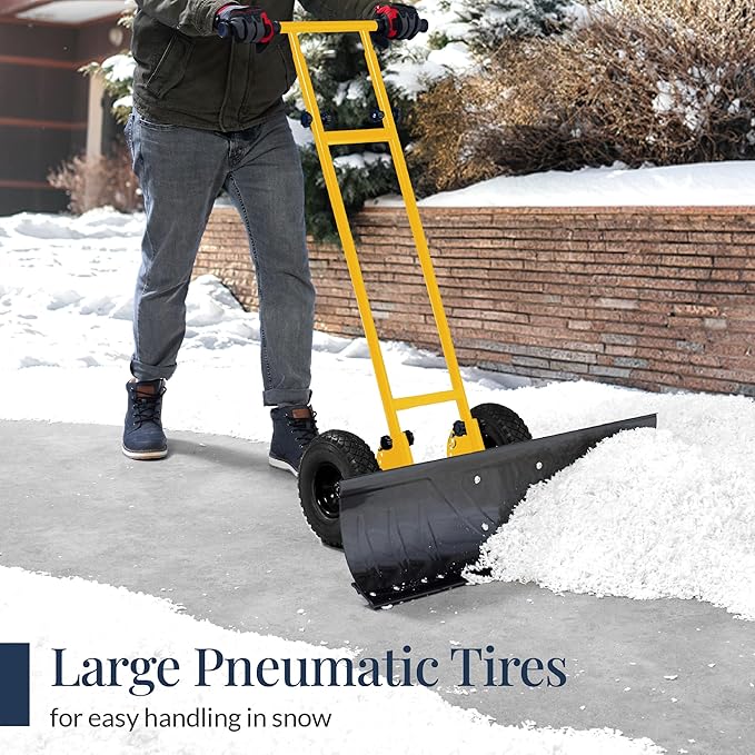 Best Choice Products 36in Galvanized Blade Heavy-Duty 2-Wheel Snow Pusher Hand Plow for Snow Removal w/Wheels, Adjustable Handle, Blade Angle - Yellow