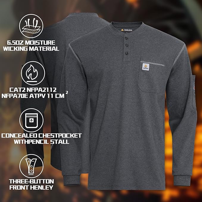 FR Shirts for Men CAT2/HRC2 Flame Resistant Shirts 6.5oz Light Weight Long Sleeve Fire Retardant Shirts