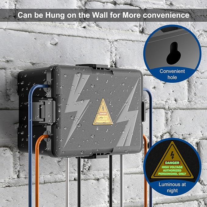 iwillink Large Outdoor Electrical Box (12.6 x 8.6 x 5.1 inch), IP54 Waterproof Extension Cord Cover, Weatherproof with 8 Cable Seal Entry, Power Strip, Timer Outlet Plug, Holiday Light, Black
