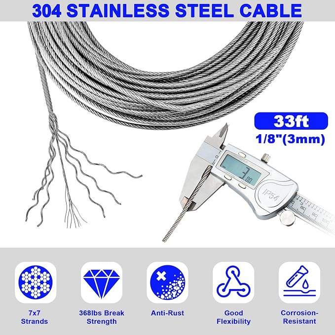 Sanuke Wire Rope Crimping Tool Kit with 33ft 1/8" Stainless Steel Cable 7x7 Strand Core for Aluminum Oval Sleeves, Double Sleeves, Crimping Loop Sleeves from 3/64-inch to 1/8-inch