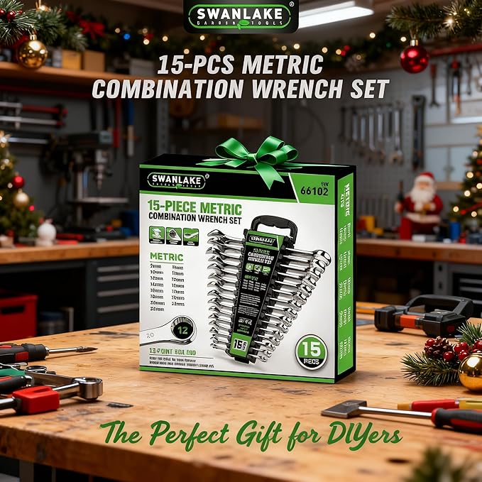 SWANLAKE GARDEN TOOLS 15-Piece Metric Combination Wrench Set, 12-Point Max Torque Open End Wrench Set, Cr-V Steel Wrenches 8, 9, 10, 11, 12, 13, 14, 15, 16, 17, 18, 19, 20, 21, 22mm with Storage Rack