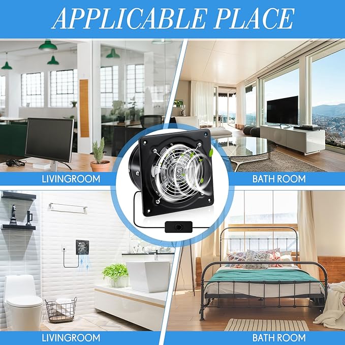 8 Inch Exhaust Fan 576 CFM Kitchen Exhaust Fan with Switch Small Exhaust Fan Bathroom Potable Plug in Garage Exhaust Fan with Damper for Shop, Smoking Room, Industrial Ventilation Use, Black