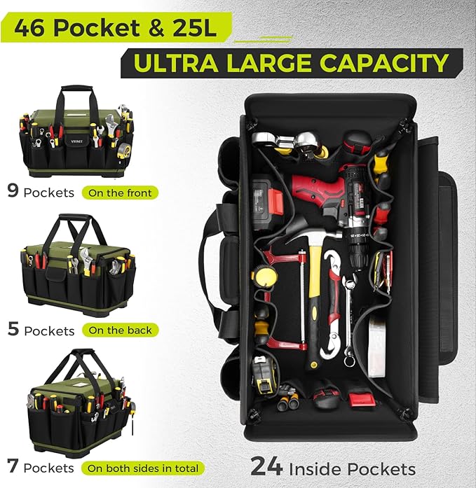 Heavy Duty Tool Bag 18-Inch, Extra Large 46 Pockets Electrician Tool Bag for men with Hard Bottom & Waterproof Pocket, 1680D Tear-Proof Toolbox Organizer for HVAC Mechanic, Father Dad Birthday Gift