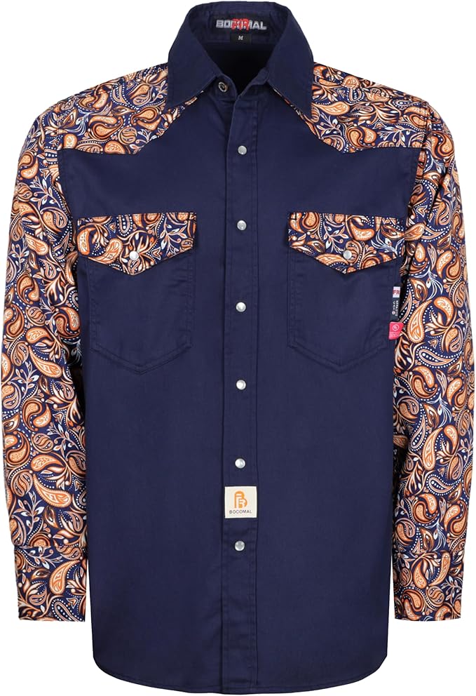 BOCOMAL FR Shirts Pearl Snaps Two Tone Plaid/Solid Flame Resistant Cotton Welding Shirt NFPA 2112 CAT 2