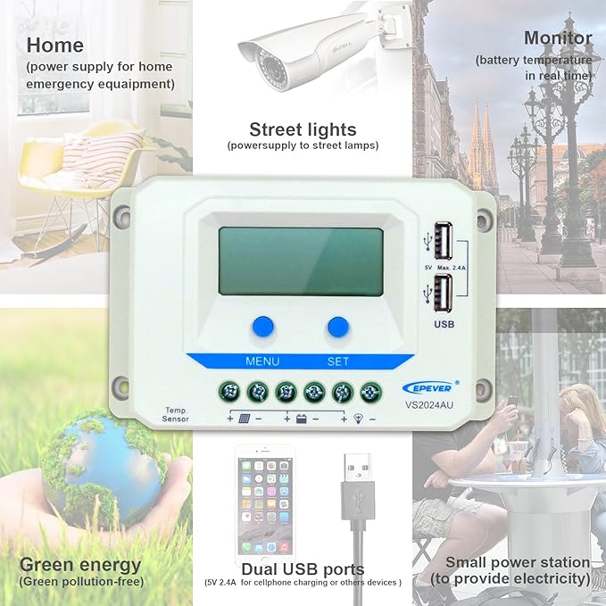 EPEVER Solar Charge Controller 20A with Dual USB Ports VS2024AU PWM Charging 12V/24V Auto Work Solar Panel Battery Charging Regulator with LCD Display (20A)