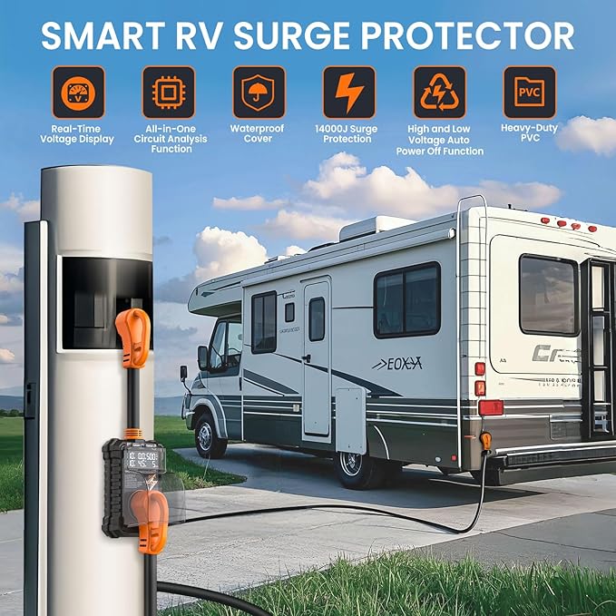 RV Surge Protector 50 Amp, 16000 Joules Surge Guard Protection with Waterproof Cover, Automatic Over/Under Voltage & Temperature Shutoff, 6 in 1 LED Display for Travel Trailers