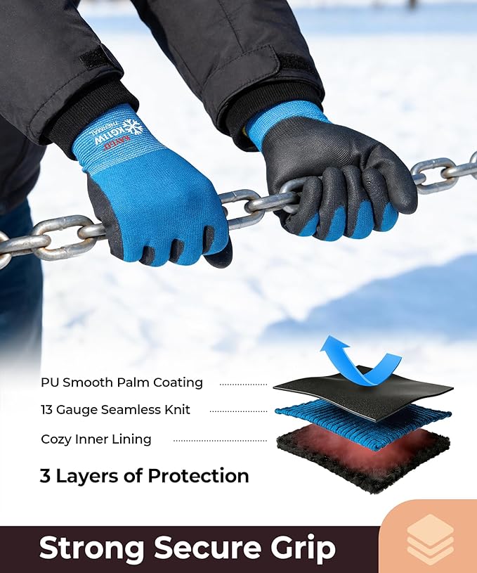 KAYGO 12 Pairs Winter Work Gloves for Men and Women, Thermal Insulated Safety Work Gloves PU Coated, Super Grip,Ideal for Freezer Work,Blue,S