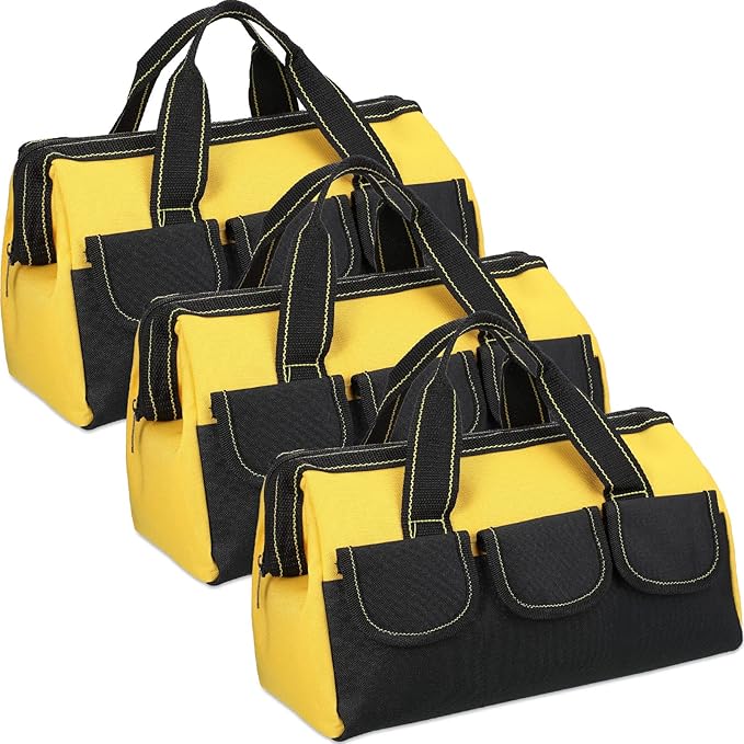 Sanwuta 3 Pack Tool Bag for Men with Waterproof Hard Bottom, Heavy Duty Tool Bag Wide Mouth Tote for Various Instrument, Electrician Carpenter Mechanic(Yellow,16 Inch,Classic)