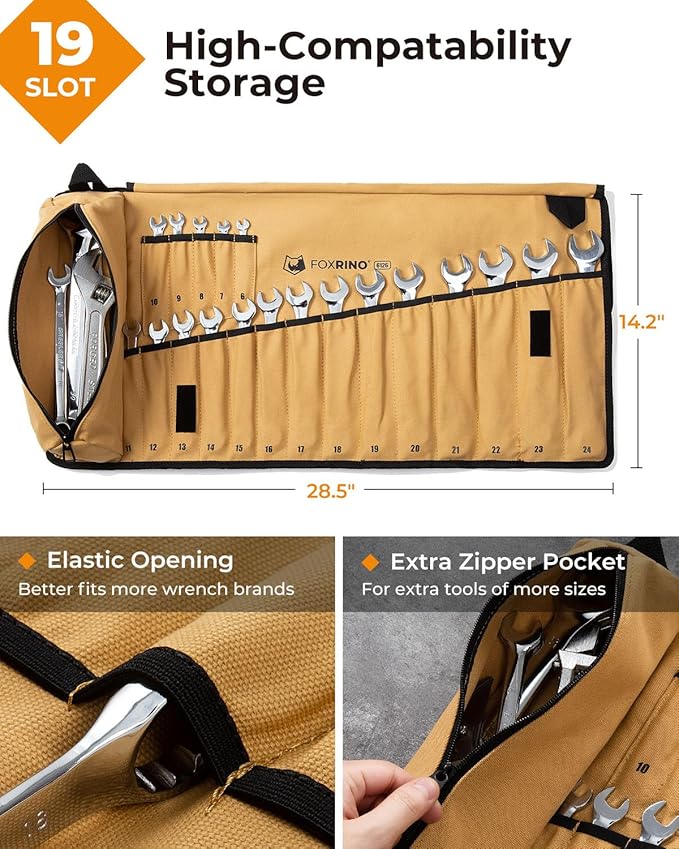 Wrench Roll, Wrench Roll Up Pouch, 19-Pocket Heavy Duty Canvas Wrench Organizer Bag for Metric Combination Wrenches, Portable Tool Roll Bag, Gifts for Men for Christmas(Brown, 19+1 Metric)