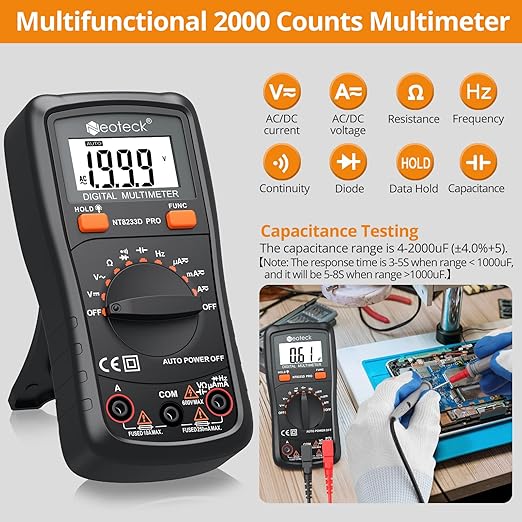 Neoteck Auto Ranging Digital Multimeter, AC/DC Amp Ohm Voltage Tester Meter with Resistance Continuity Capacitance and Diode Test- Black