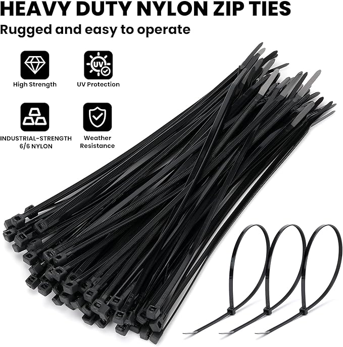14 Inch Zip Ties (1000 Pack) – Heavy Duty 50lbs Tensile Strength, UV Resistant Black Cable Ties for Indoor & Outdoor Use, Durable Nylon Wire Ties for Organizing Cables, Garden, Garage