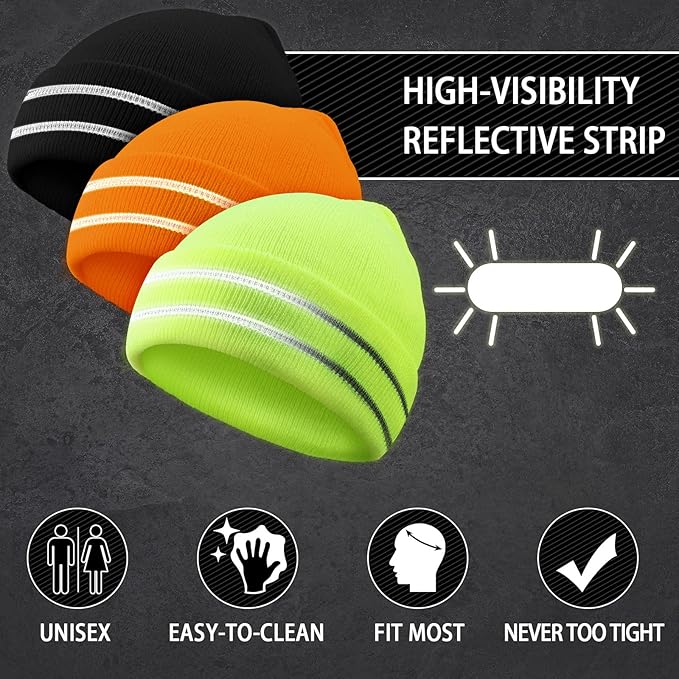 JenPen 3 Pcs Safety Beanie Reflective Hat Winter High Visibility Unisex Knit Beanie Hat Running Cap Headwear for Men Women