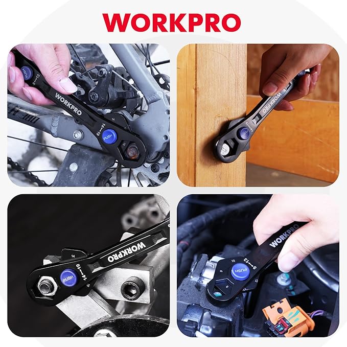 WORKPRO 12-in-1 Universal Wrench, Metric 8-19mm Adjustable Wrench with Heat-Treated Cr-Mo Steel, ASME Standard, Multi-Position Head, Multi-Size Compact Spanner for Mechanics, Cars, and Motorcycles