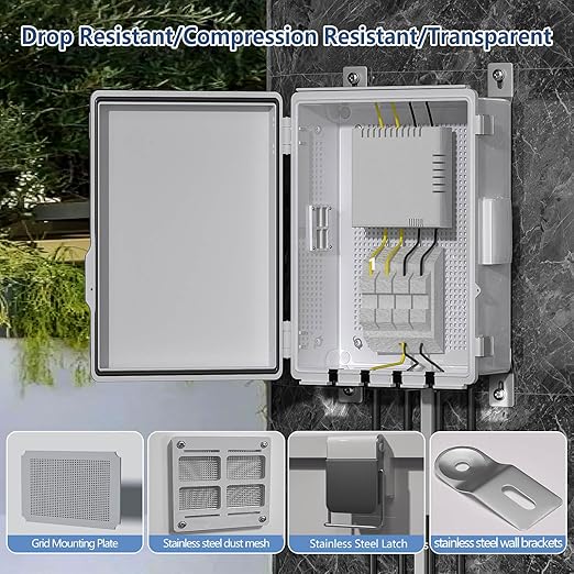 ABS Electrical Junction Box, Ventilated Design, Cable Grommets, IP65 Waterproof Enclosure, Indoor/Outdoor Use with Mounting Panel. (Grey Cover, 15.5"x11.5"x6.2")