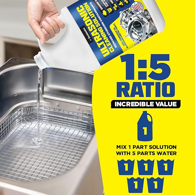 Durabasics [1 Gallon] Ultrasonic Cleaner Solution – Heavy-Duty Parts Cleaner & Carburetor Cleaning Solution – Perfect for Engine & Automotive Parts – Helps Remove Carbon, Grease – Safe on Most Metals