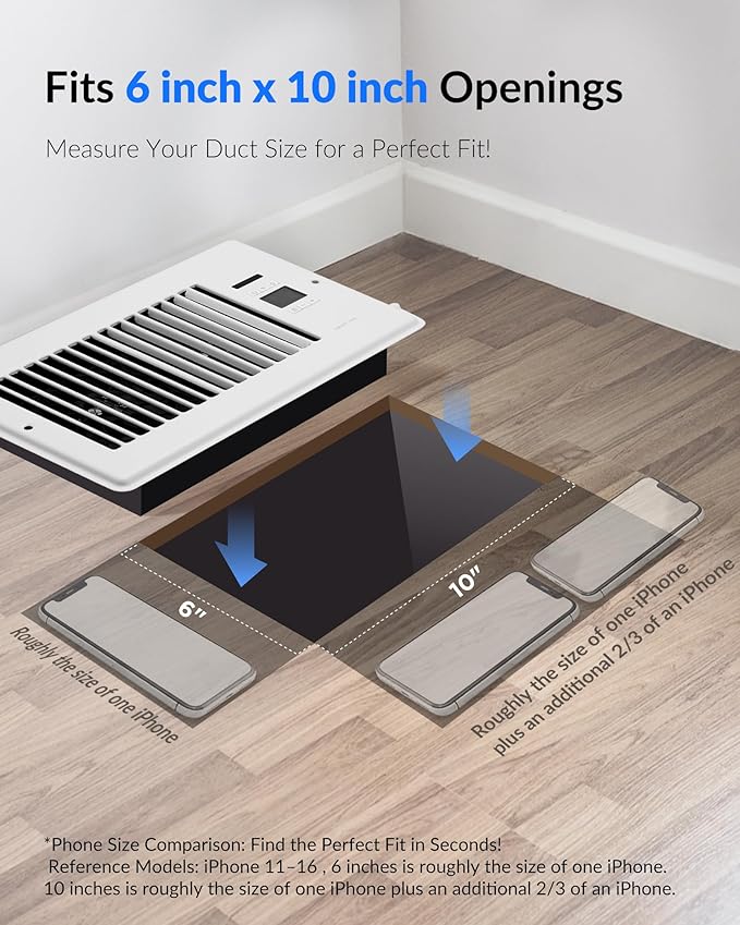 Super Quiet Register Booster Fan for 6" x 10" Register Holes, Smart Register Vent with Dual Intelligent Thermostat and WIFI App Control, Heating Cooling AC Vent Fan (White)