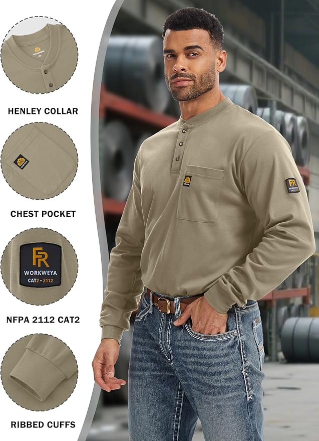 WORKWEYA 6.5oz Flame Resistant Henley Shirt 100% Cotton Lightweight FR Shirts for Men