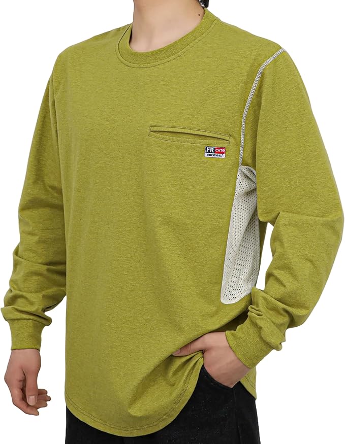BOCOMAL FR Shirts for Summer Breathable Vented Design 6oz Heather Jersey Flame Resistant Long Sleeve Crew T Shirt
